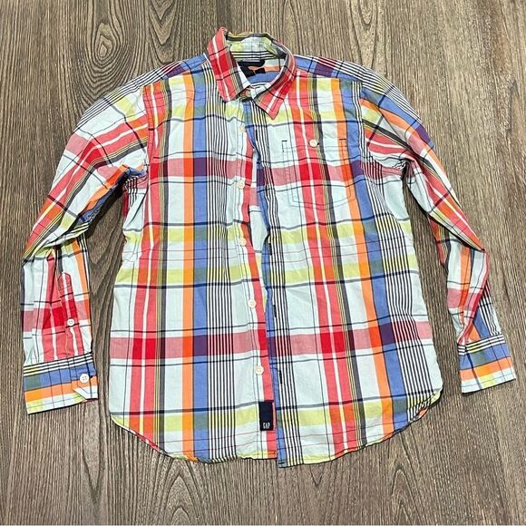 Gap Kids Boys Button-Up Long Sleeve Shirt Plaid Checked Multicolor Size M/8-9Y - Picture 1 of 4